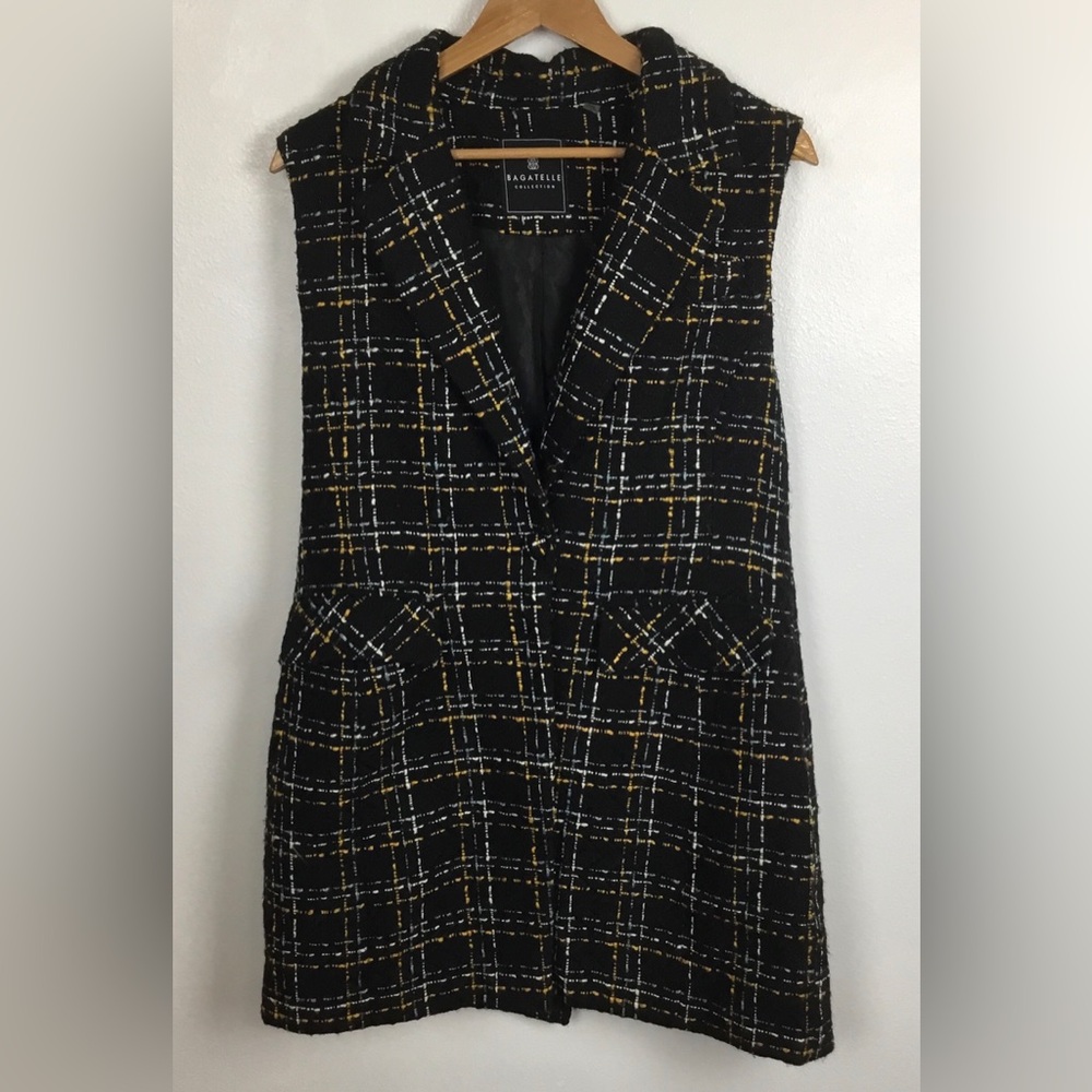 BAGATELLE Tweed Black Blue Gold White Sleeveless Blazer Tunic Vest L